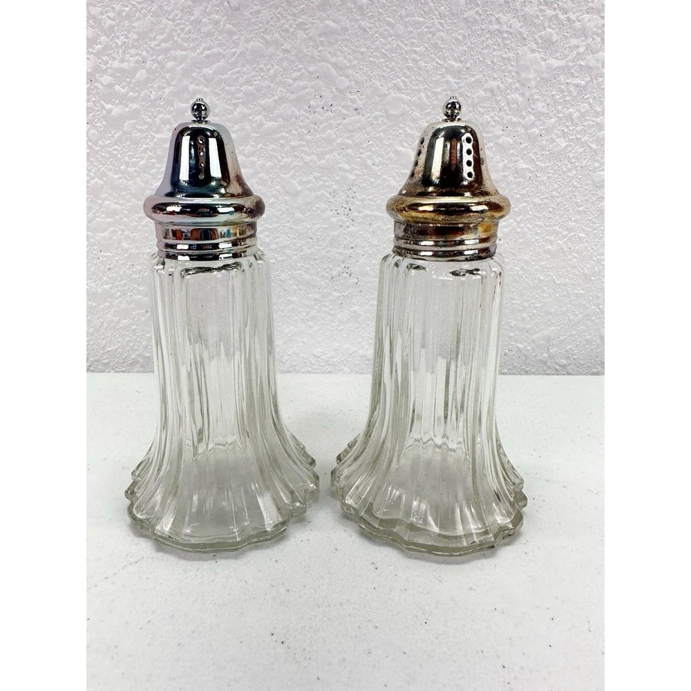 Vintage Leonard Ribbed Fluted Glass Salt & Pepper Shakers Silver Plate 6"